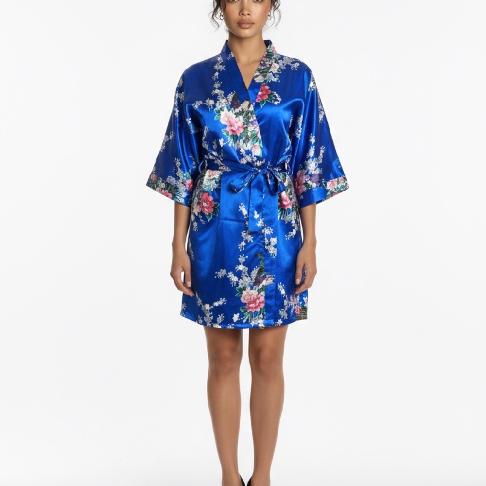 Sam Well Floral Satin Silky Peacock Belted Women's OSFM Kimono Lightwight Robe